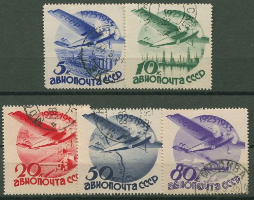 Sowjetunion 1934 10 Jahre zivile Luftfahrt und Luftpost 462/66 Z gestempelt