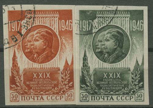 Sowjetunion 1946 29. Jahrestag der Oktoberrevolution 1074/75 B gestempelt