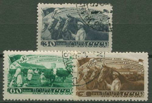 Sowjetunion 1948 Erfüllung des Fünfjahresplan in d. Viehzucht 1256/58 gestempelt