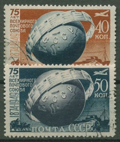 Sowjetunion 1949 75 Jahre Weltpostverein UPU Erdkugel 1383/84 A gestempelt