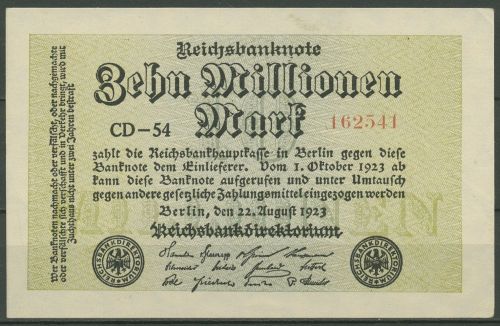 Dt. Reich 10 Millionen Mark 1923, WZ Ringe, Ro 105 c fast kassenfrisch (K862)