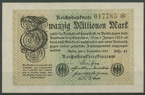Dt. Reich 20 Mio Mark 1923, WZ Hakensterne, DEU-121h fast kassenfrisch (K859)