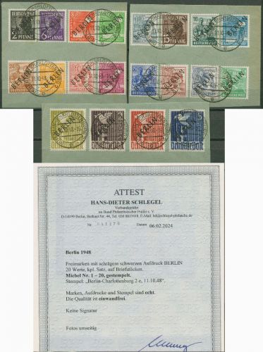 Berlin 1948 Schwarzaufdruck 1/20 mit TOP-Stempel geprüft mit Fotoattest