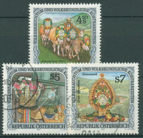 Österreich 1991 Volksbrauchtum Almabtrieb Winzer Erntetanz 2041/43 gestempelt