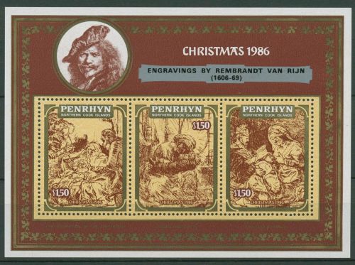 Penrhyn 1986 Weihnachten Kupferstiche von Rembrandt Block 74 postfrisch (C41172)