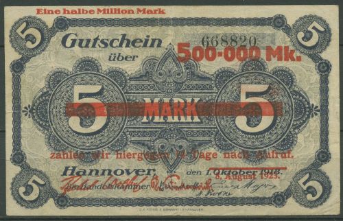 Hannover Handelskammer 500000 Mark 1923, Keller 2156, gebraucht (K1779)