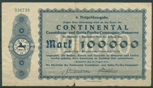 Hannover Continental 100000 Mark 1923, Keller 2153 d, gebraucht, Mängel (K1781)