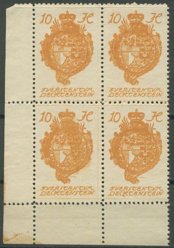 Liechtenstein 1920 Freimarke Wappen 26 4er-Block Ecke 3 postfrisch