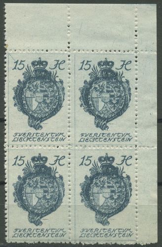 Liechtenstein 1920 Freimarke Wappen 27 4er-Block Ecke 2 postfrisch