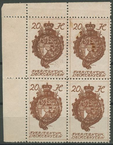 Liechtenstein 1920 Freimarke Wappen 28 4er-Block Ecke 1 postfrisch