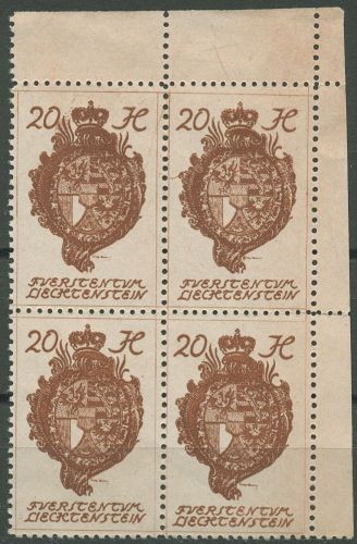 Liechtenstein 1920 Freimarke Wappen 28 4er-Block Ecke 2 postfrisch