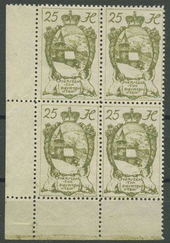 Liechtenstein 1920 Freimarke Wappen 29 4er-Block Ecke 3 postfrisch