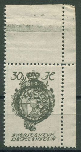 Liechtenstein 1920 Freimarke Wappen 30 Ecke 2 postfrisch