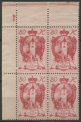 Liechtenstein 1920 Wappen 34 4er-Block Ecke 1 mit Pl.-Nr. postfrisch