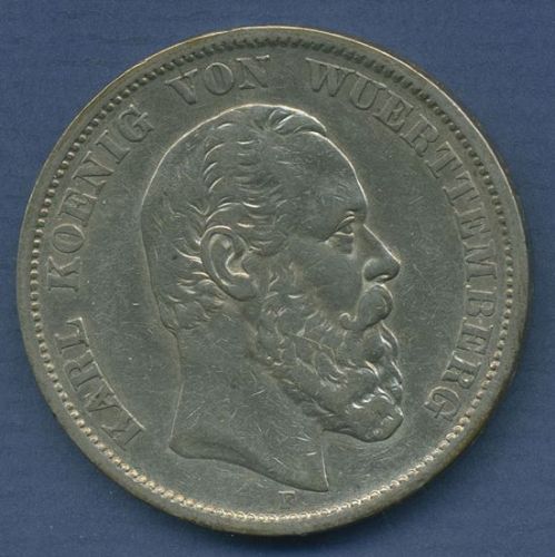 Württemberg 5 Mark 1875 F, König Karl, J 173 ss (m6708)