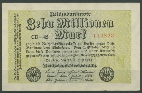 Dt. Reich 10 Millionen Mark 1923, DEU-118g FZ CD, leicht gebraucht (K1229)