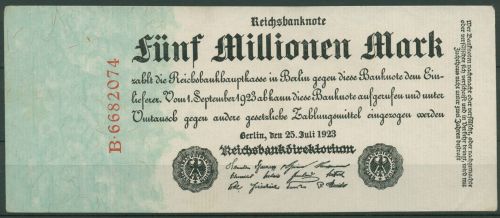 Dt. Reich 5 Millionen Mark 1923, DEU-106 Serie B, leicht gebraucht (K1315)