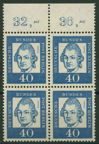 Berlin 1961 Bed. Deutsche: Lessing mit Oberrand 207 4er-Block OR postfrisch