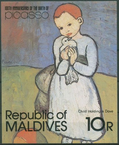 Malediven 1981 Pablo Picasso Gemälde Kind mit Taube Block 76 postfrisch (C97930)