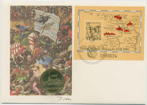 DDR 1989 Numisbrief Thomas Müntzer mit 5 Mark Mühlhausen, Block 97 (X16680)