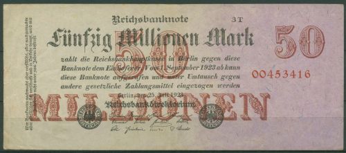 Dt. Reich 50 Millionen Mark 1923, DEU-109c KN 8-stellig, gebraucht (K1300)