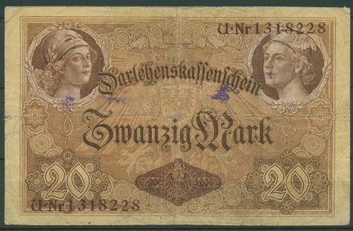 Dt. Reich 20 Mark 1914, DEU-55b, stark gebraucht (K1523)