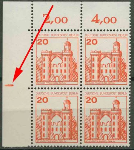 Berlin 1977 Burgen & Schlösser 533 4er-Block Ecke 1, Plattenzeichen postfrisch