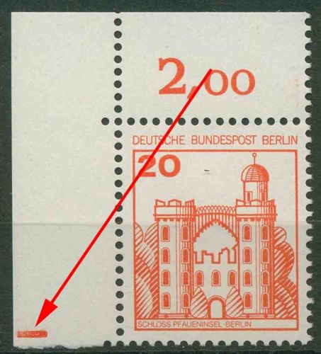 Berlin 1977 Burgen & Schlösser 533 Ecke 1, Plattenzeichen postfrisch