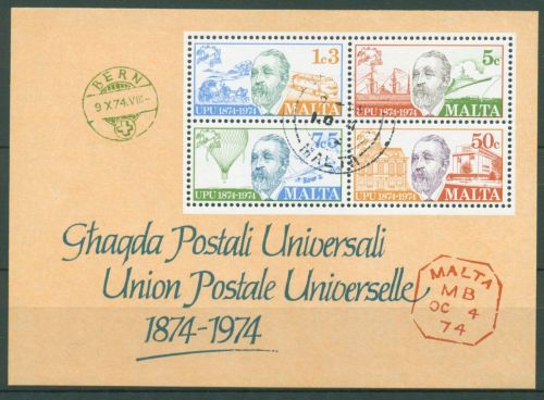 Malta 1974 100 Jahre Weltpostverein UPU Block 4 gestempelt (C90468)