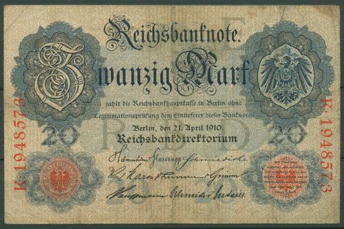 Dt. Reich 20 Mark 1910, DEU-37c Serie E/K, stark gebraucht (K1555)