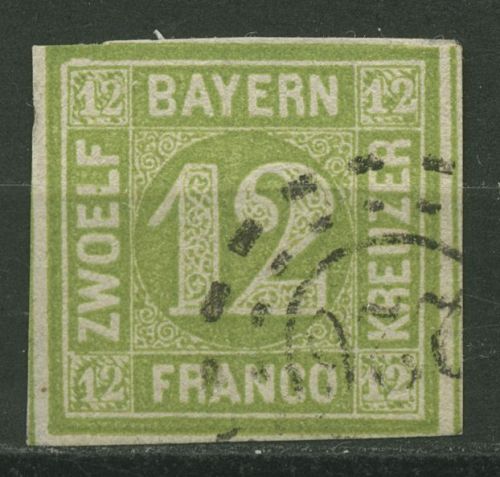 Bayern 1862 12 Kr. dkl.-gelbgrün 12 gestempelt geprüft, angeschnitten