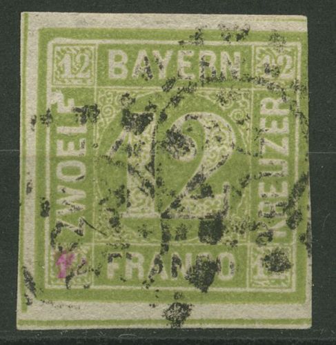 Bayern 1862 12 Kr. dkl.-gelbgrün 12 gestempelt, kleiner Fehler