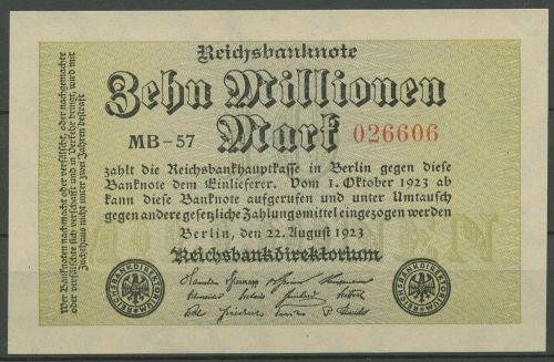 Dt. Reich 10 Millionen Mark 1923, DEU-118g FZ MB, fast kassenffrisch (K1223)