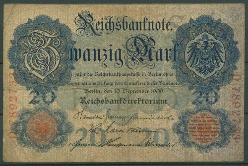 Dt. Reich 20 Mark 1909, DEU-34, stark gebraucht (K1557)