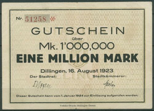 Dillingen Donau 1 Million Mark 1923, Keller 1011 b, gebraucht (K1784)