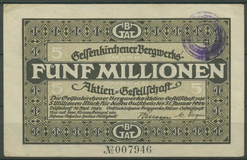Düsseldorf Gelsenk. Bergwerks-AG 5 Mio 1923, Keller 1163 a, gebraucht (K1785)