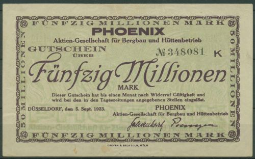 Düsseldorf Phoenix-AG 50 Millionen Mark 1923, Keller 1170 w, gebraucht (K1786)