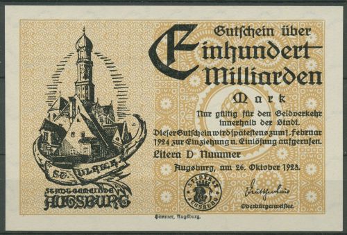 Augsburg 100 Milliarden Mark 1923, Keller 195 a, kassenfrisch (K1788)