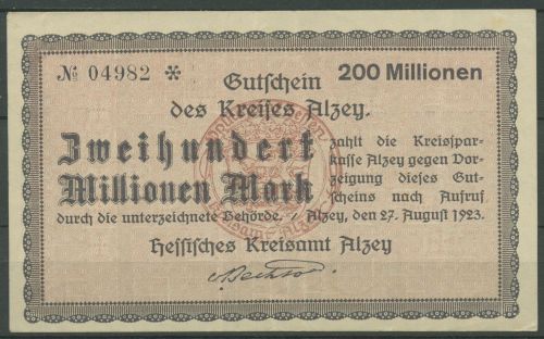 Alzey 200 Millionen Mark 1923, Keller 87 k, leicht gebraucht (K1789)