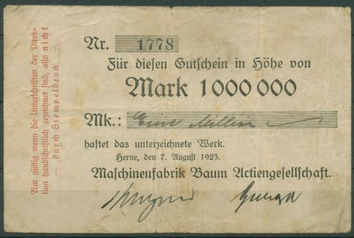 Herne Maschinenfabrik Baum AG, 1 Mio 1923, Keller 2340 a, gebraucht (K1790)