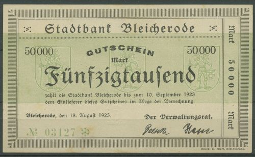 Bleicherode 50000 Mark 1923, Keller 466 a, leicht gebraucht (K1794)