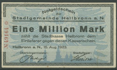 Heilbronn 1 Million Mark 1923, Keller 2294, gebraucht fleckig (K963)