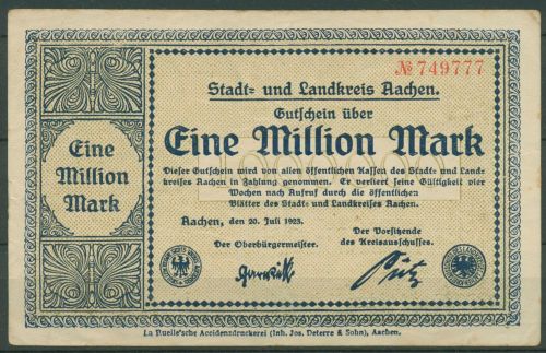 Aachen Stadt und Landkreis 1 Million Mark 1923, Keller 1 d, gebraucht (K1819)