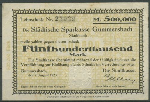 Gummersbach 500000 Mark 1923, Keller 2007 f, gebraucht (K1823)