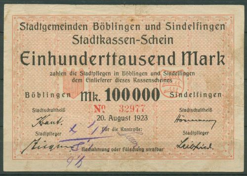 Böblingen und Sindelfingen 100000 Mark 1923, Keller 504 a, gebraucht (K1825)
