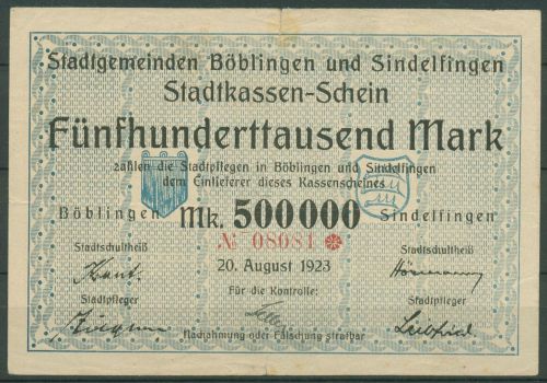 Böblingen und Sindelfingen 500000 Mark 1923, Keller 504 a, gebraucht (K1826)