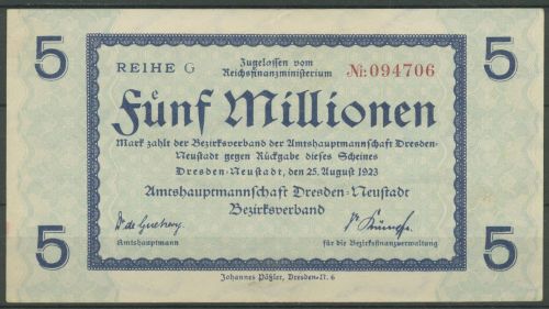 Dresden-Neustadt 5 Millionen Mark 1923 Reihe G, Keller 1121 c, gebraucht (K1828)