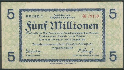 Dresden-Neustadt 5 Millionen Mark 1923 Reihe C, Keller 1121 c, gebraucht (K1829)