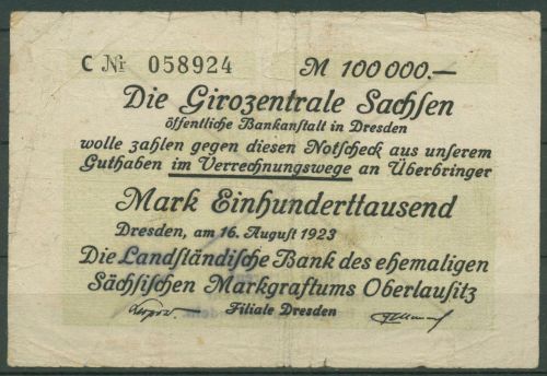 Dresden Girozentrale Sachsen 100000 Mark 1923, Keller 1096 a, gebraucht (K1832)