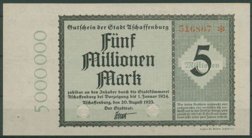 Aschaffenburg 5 Millionen Mark 1923, Keller 153 d, fast kassenfrisch (K1834)